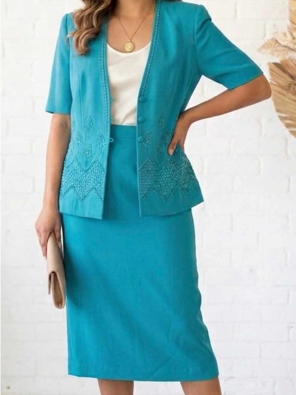 Teal Embellished Skirt Suit Set - Picture 2 of 13